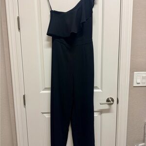 White House Black Market One Shoulder Ruffled Black Jumpsuit - size 2